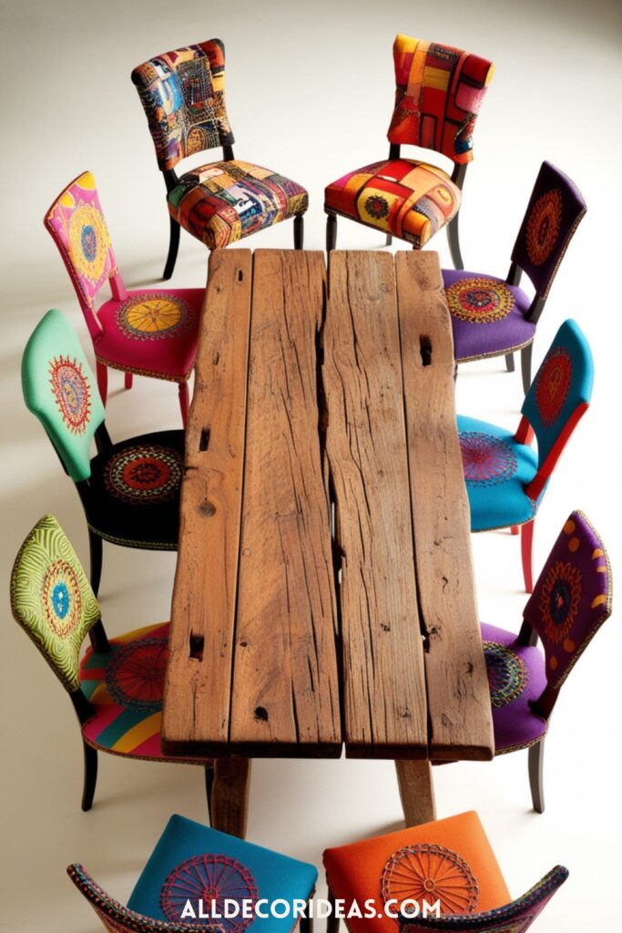 A set of mismatched dining chairs revamped with bold, colorful upholstery, surrounding a reclaimed wood dining table.