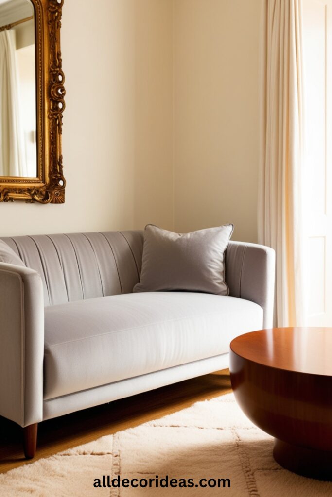 A small living room with a light gray sofa, a mirror on the wall, and a round wooden coffee table on a neutral rug.