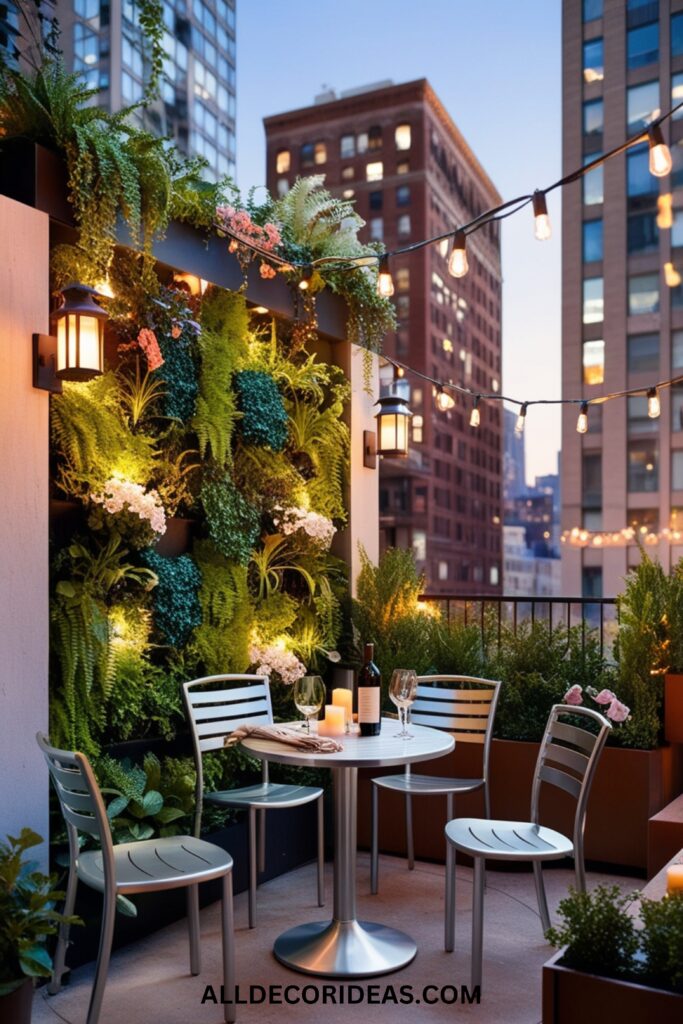 A small urban patio with modern metal furniture, a compact vertical garden, and warm lighting for an intimate evening setting.