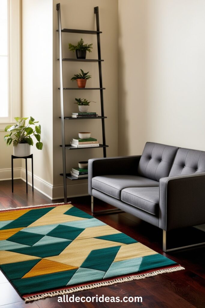 A stylish living room showcasing a ladder shelf, a compact loveseat, and a colorful area rug on hardwood flooring.