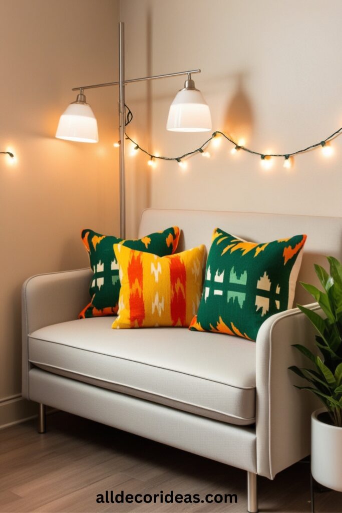 A tiny living area featuring a sofa bed, layered lighting, and vibrant throw pillows for a pop of color against neutral walls.