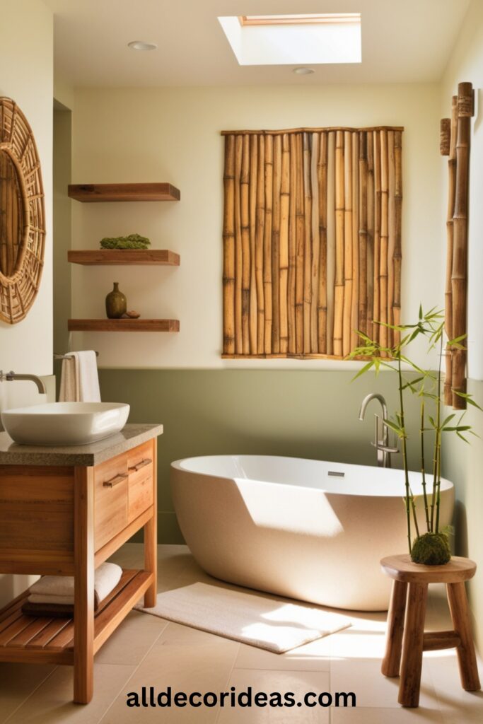 A tranquil Japandi-style bathroom with a soaking tub, wooden accents, stone elements, and bamboo decor.