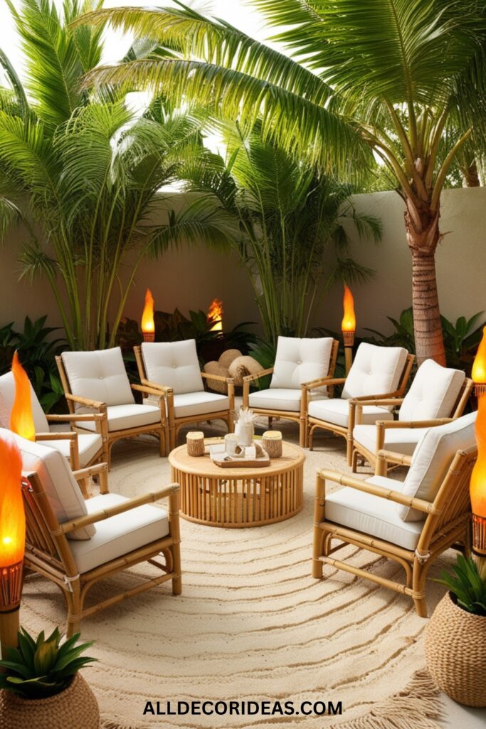 A tropical-inspired patio with bamboo furniture, palm plants, tiki torches, and a sandy-textured rug.