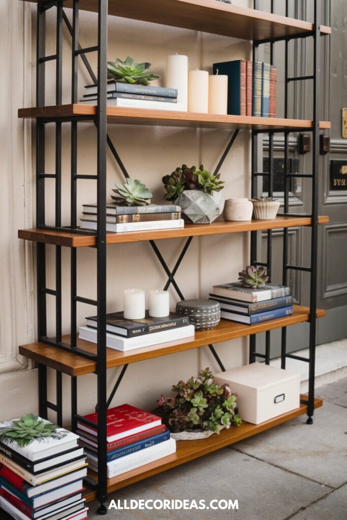 A two-tone bookshelf featuring wooden shelves and black metal framing, styled with books, candles, and succulents.