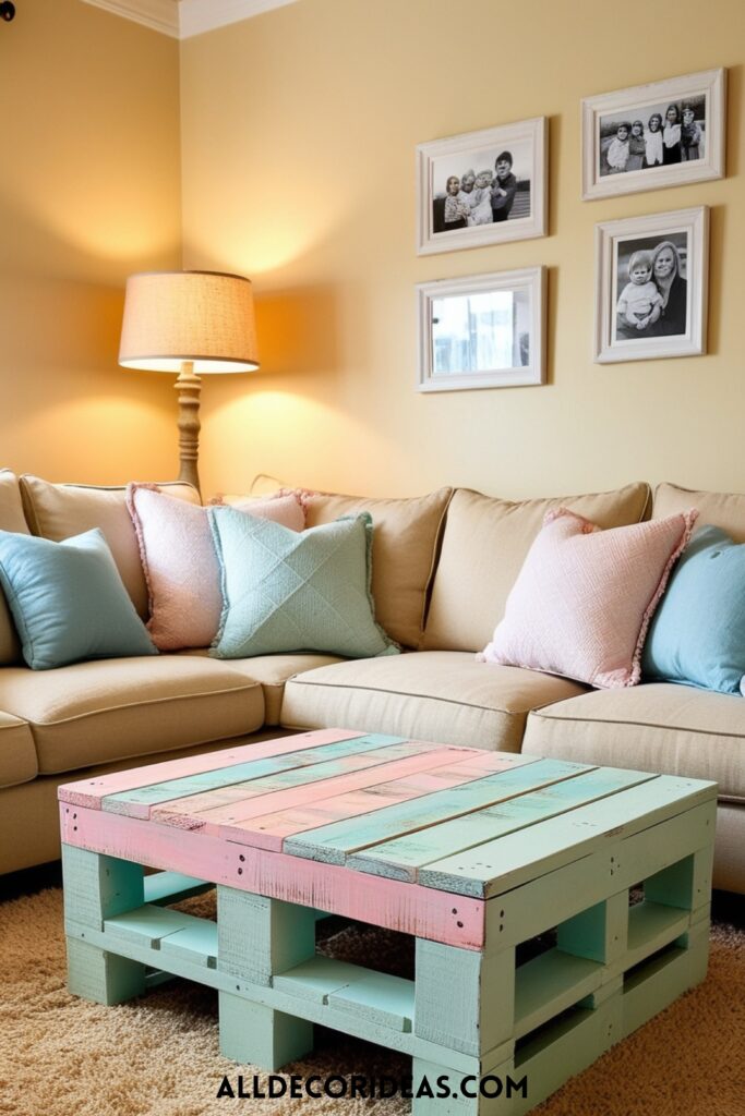 A vibrant coffee table made from a repurposed wooden pallet, painted in pastel colors, placed in a cozy living room setting.