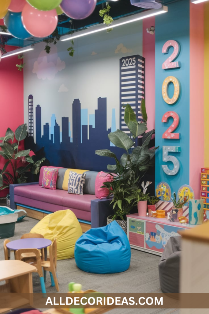 A vibrant kids' room with colorful balloons, a snack station, and a craft corner with '2025' DIY projects.