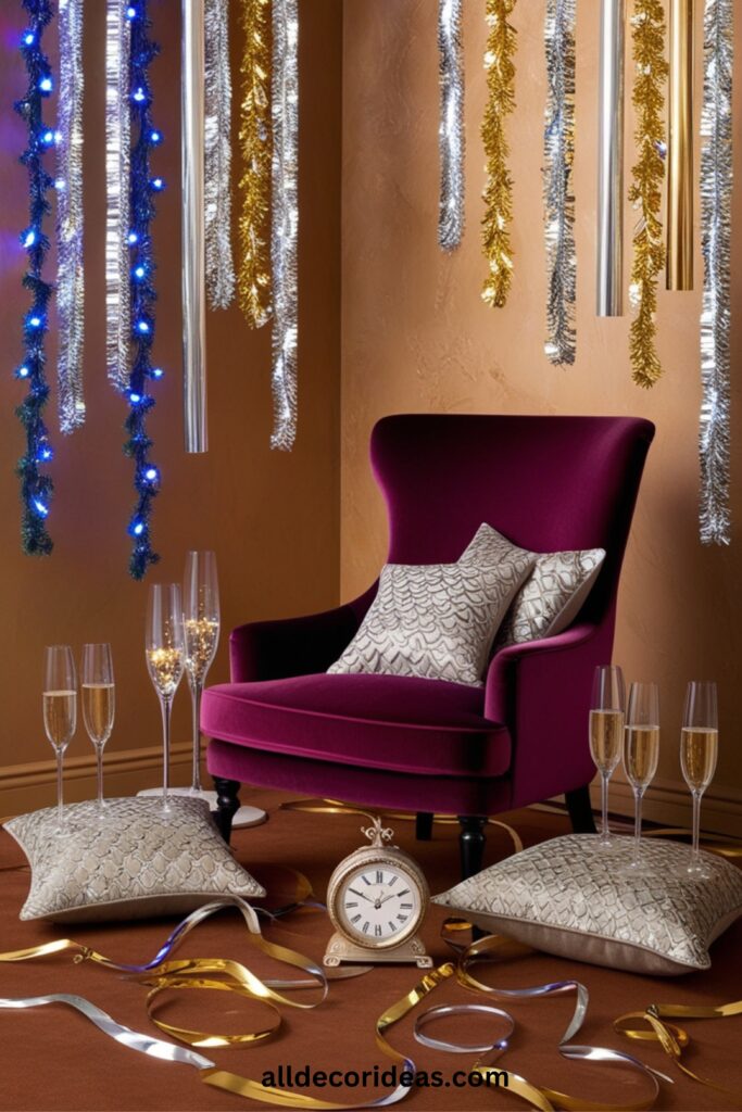 A vibrant room with colorful LED-lit garlands, metallic streamers, and a cozy chair setup for the New Year countdown.