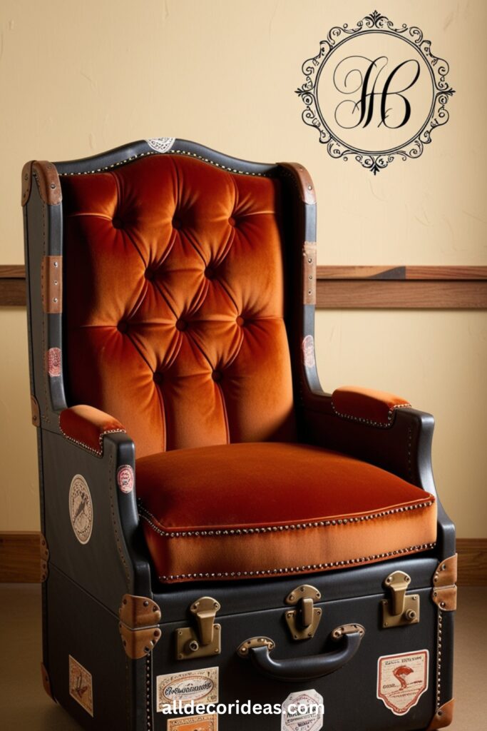 A vintage suitcase transformed into a retro-inspired chair with cushions.