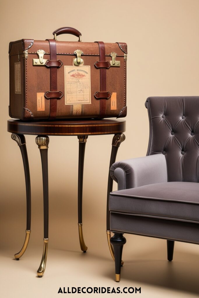 A vintage suitcase transformed into a stylish side table with brass legs, placed next to a chic armchair.