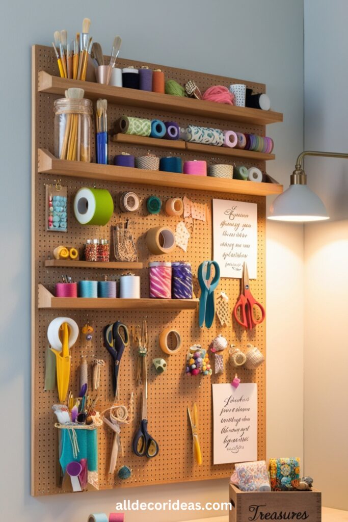 A wall-mounted pegboard showcasing an organized craft or workspace area.
