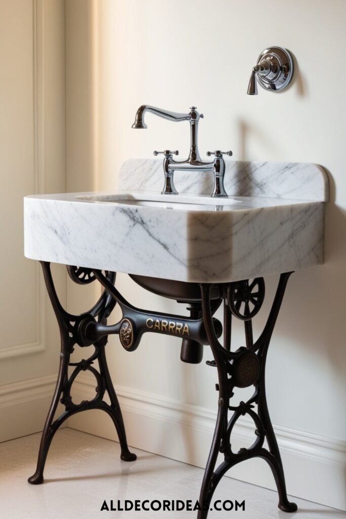 An antique sewing machine base repurposed into a modern and elegant bathroom vanity with a marble countertop.