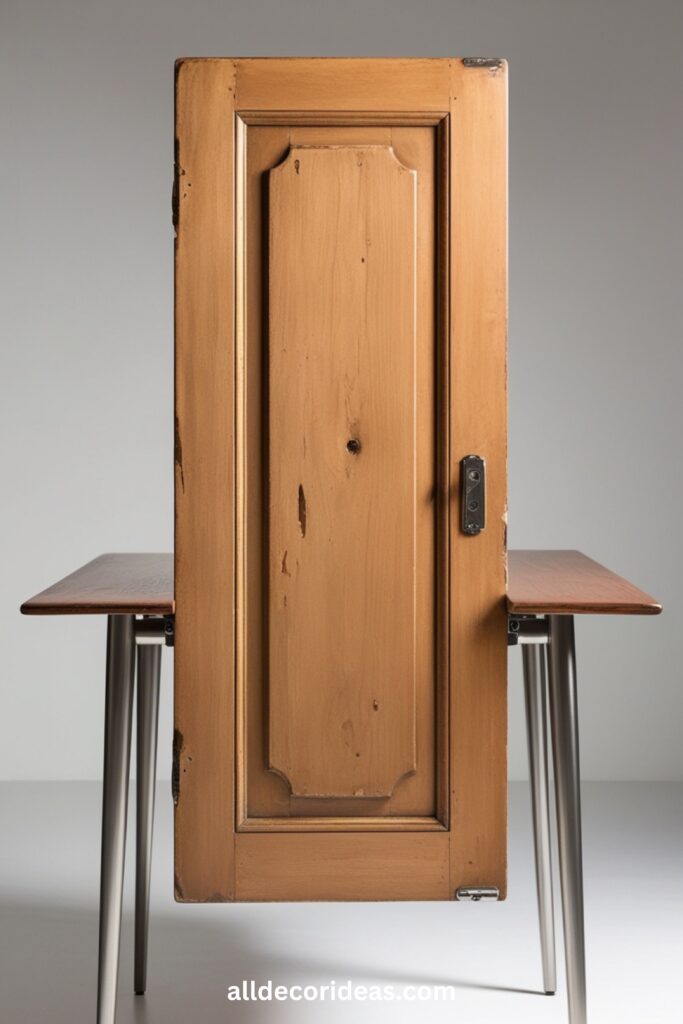 An old door converted into a dining table with modern legs and a sleek finish.