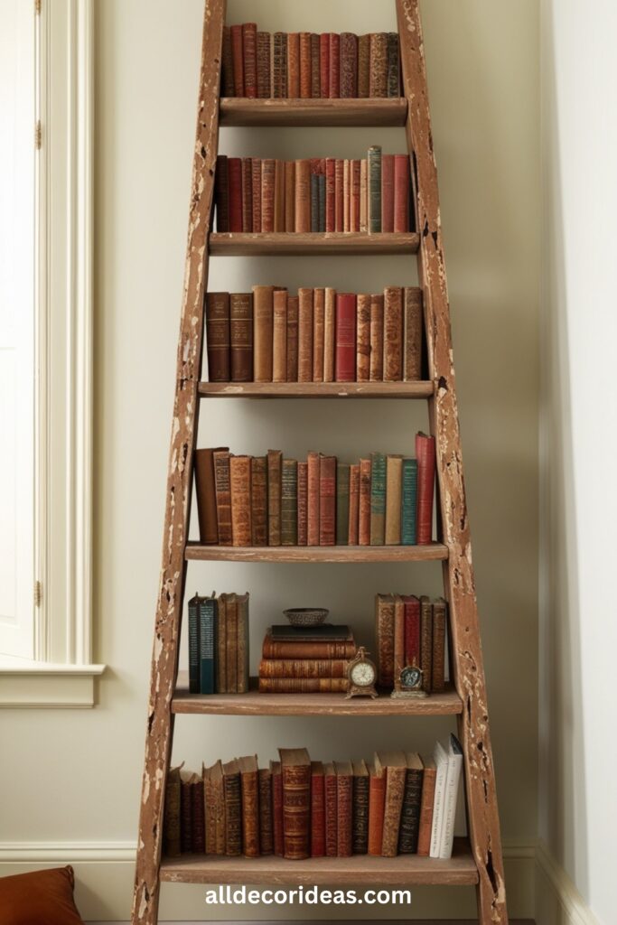 An old wooden ladder turned into a stylish multi-tiered bookshelf.