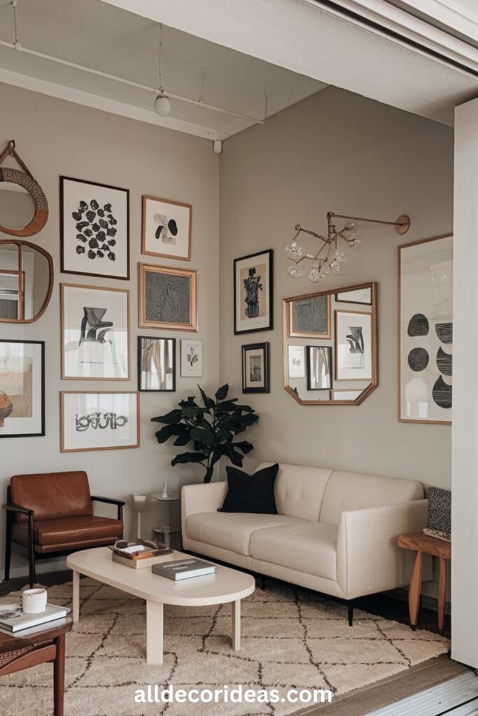 An open-plan small living room defined by a soft beige rug, minimalistic furniture, and an artfully arranged gallery wall.