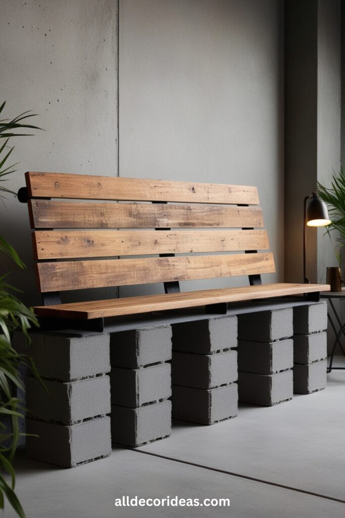 Cinder blocks and wooden planks arranged to create a trendy industrial-style bench.