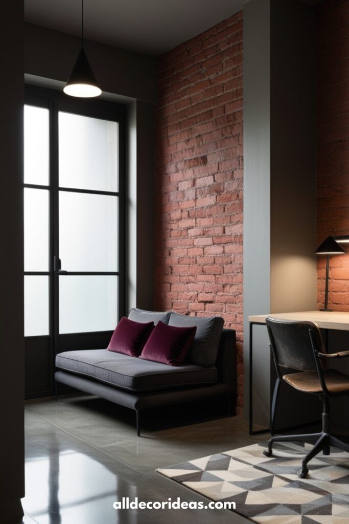 Compact studio apartment with an industrial chic vibe, exposed brick walls, and minimalistic furnishings.