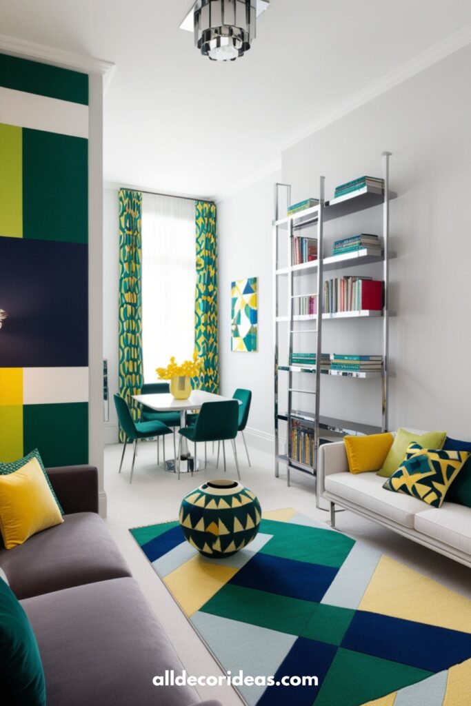 Contemporary small apartment with bold geometric patterns, modern furniture, and vibrant accents.