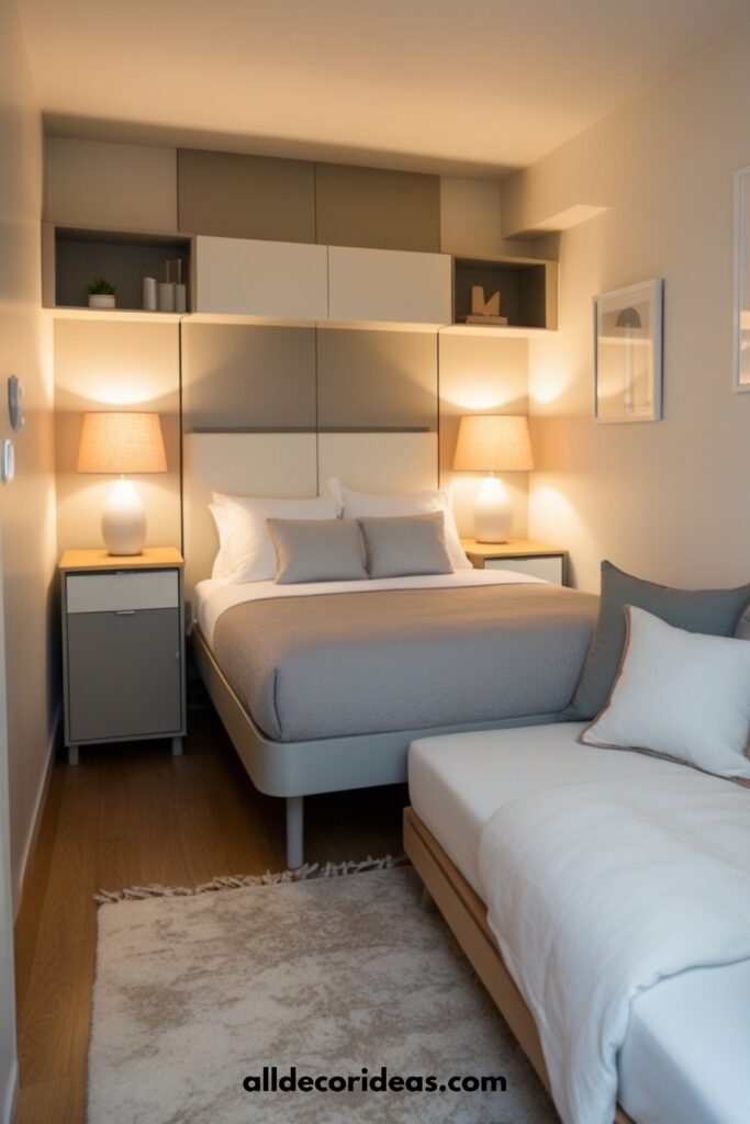 Cozy small apartment bedroom with multifunctional furniture, soft lighting, and compact design.