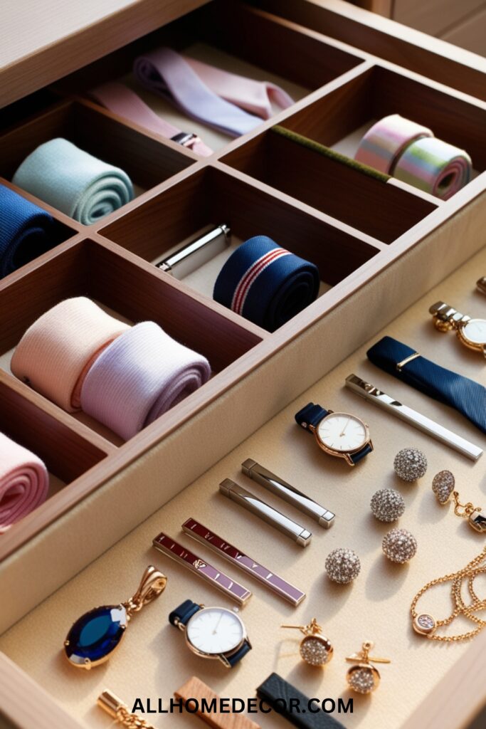 Drawer dividers neatly organizing small accessories like socks, ties, and jewelry in a drawer.