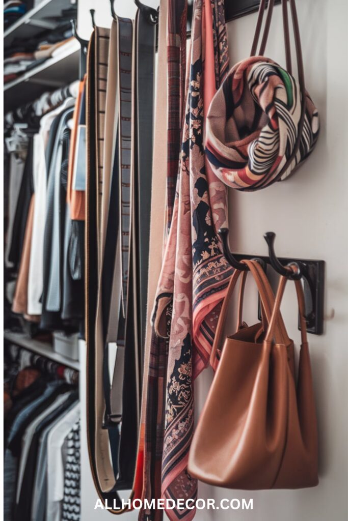 Hooks on a closet wall holding belts, scarves, and bags in a compact and functional way.