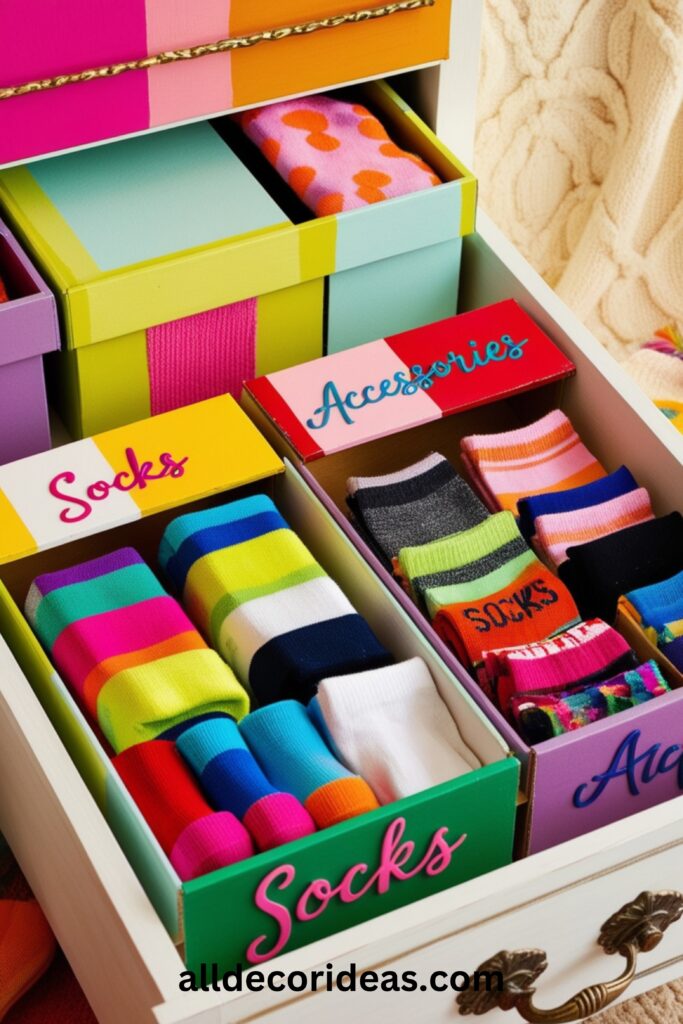 Repurposed shoeboxes used as colorful drawer dividers for socks and accessories.