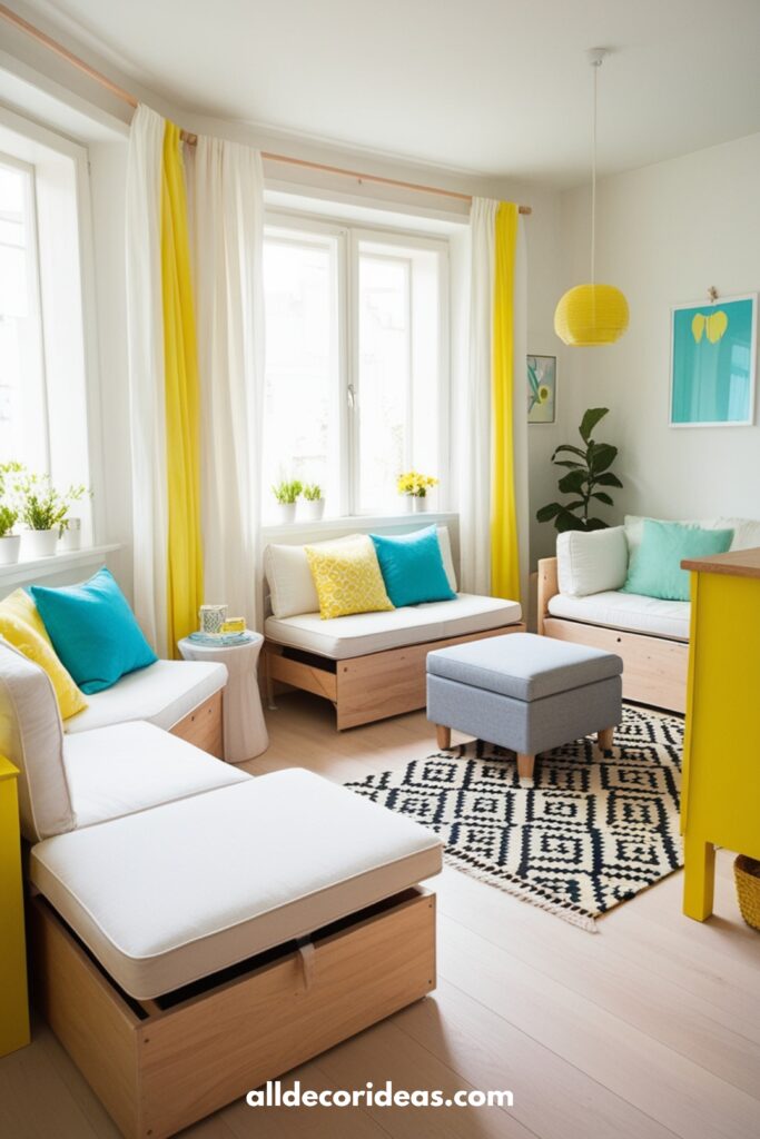 Small apartment with Scandinavian design bright colors, light wood, and multifunctional furniture.