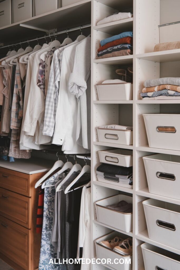 Space-Saving Closet Organization with stylish bins, shelves, and labeled compartments for a modern and clutter-free look.