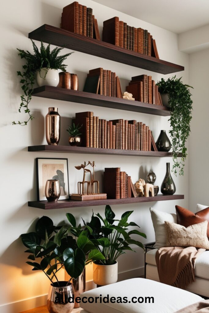 Stylish floating shelves adorned with books, plants, and decor items in a living room.