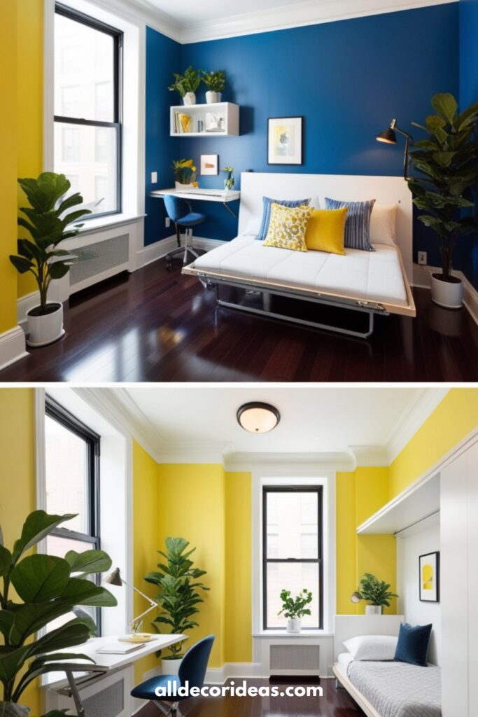 Stylish small apartment with vibrant accent walls, foldable furniture, and compact workspaces