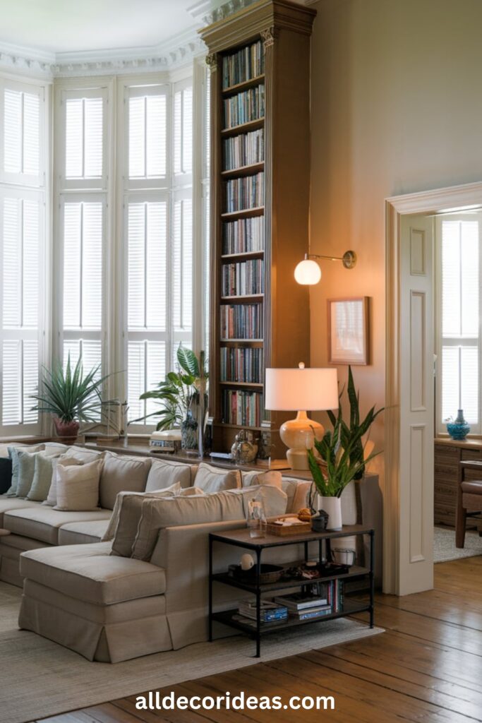 A cozy and airy living room featuring an L-shaped sofa, wall-mounted lighting, and a tall bookcase reaching the ceiling.