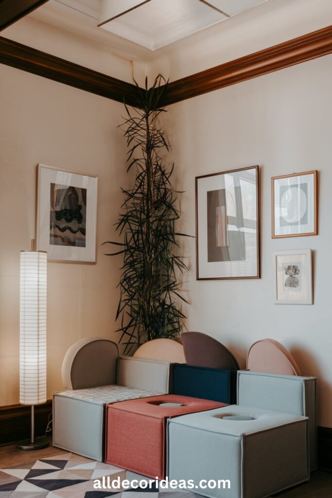 A small living room with a modular sofa, a sleek floor lamp, a geometric-patterned rug, and framed artwork adding character to the space.