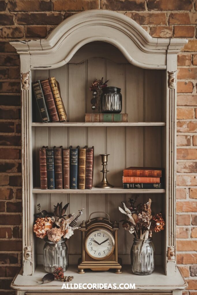 A small bookshelf styled with vintage books, a table clock, a candlestick holder, and decorative jars.