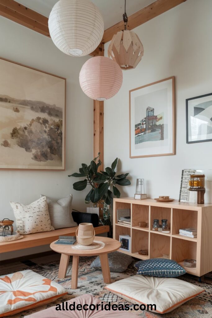 A cozy Japandi-style nook with floor cushions, a low table, paper lanterns, and a small bookshelf in natural wood tones.