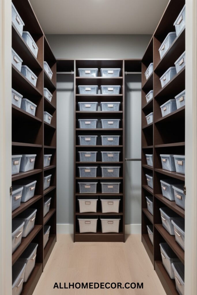 Vertical storage solutions with clear plastic bins stacked neatly in a walk-in closet.